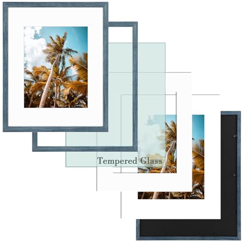 Image of Frametory, 16x20 Picture Frame with Mat for 11x14 Photo - High Definition Glass Wide Molding - Preinstalled Wall Mounting Hardware (Blue, 2 Pack)