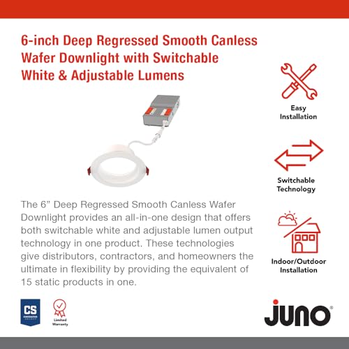 Image of Juno 6 inch Canless Wafer LED Light, 5-in-1 CCT, Deep Regressed Smooth Trim 6Pk