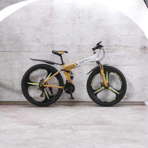 Image of Amaze Kai Dual Suspension Bikes Bmv Foldable Gear Cycle for Men with 21 Speed Gear 3 Spoke | Folding Mountain Bike with Double Disc Break & Mac Wheel, 26 Inch (Yellow Gold)
