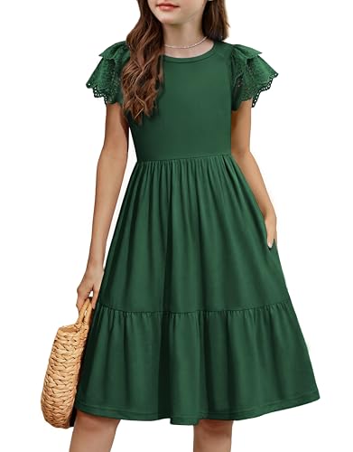 Arshiner Girls Summer Dresses Casual Flutter Sleeve A-Line Midi Dress with Pockets Green for 9-10 Years