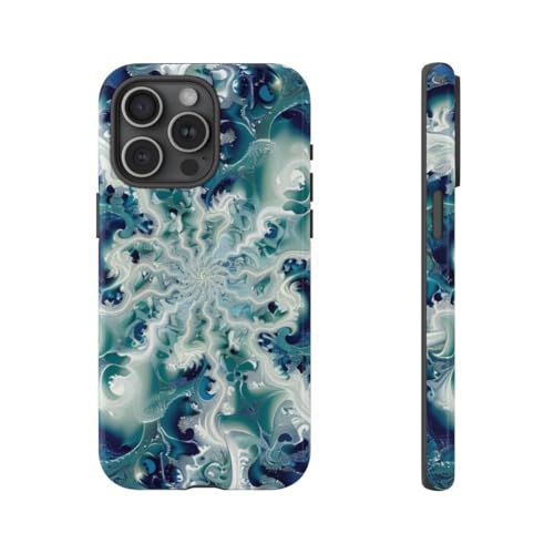 Coque iPhone 15 Pro Max design tourbillon fractal bleu vert coque rigide brillante