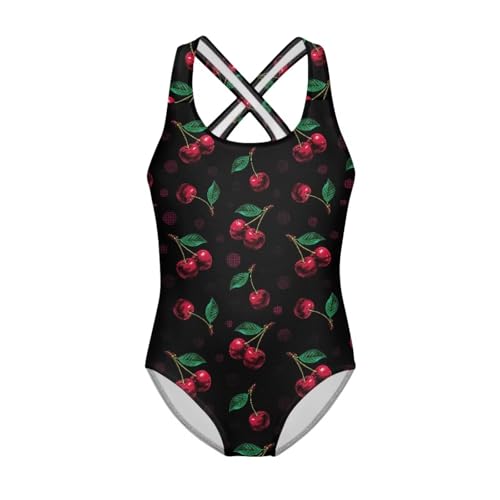 Watdotory Girls Swimming Costume Kids One Piece Swimsuit Cross Back Straps Girls Bathing Suit Cherry Print Swimwear Age 11-12 Year