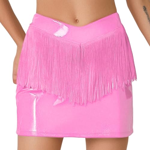 CHICTRY Women Music Festival Fringed Skirt Patent Leather V-Front Side Invisible Zipper Miniskirt