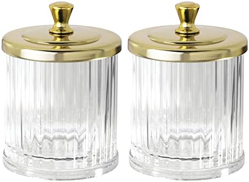 mDesign Set of 2 Bathroom Cosmetics Jar  Plastic Containers with Lid for Storage of Bath Salts, Cotton Pads & More  Versatile Makeup Organiser for Dressing Table and Vanity  Clear/Soft Brass