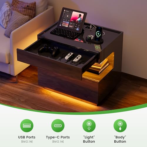Image of HNEBC Black LED Nightstand with Gun Drawers&USB-C Port&Lights for Bedroom | Bedside table,Motion‑Sensor 3‑Color Lighting, Hidden Storage Compartment, USB, Type‑C Charging Station,hight-gloss
