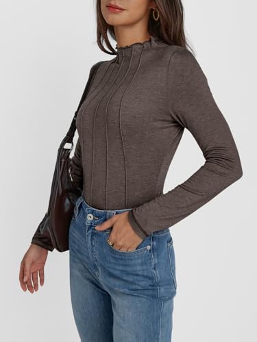 AUTOMET Pleated Long Sleeve Shirts Womens Lettuce Trim Mock Neck Blouses Casual Slim Fit Tops3