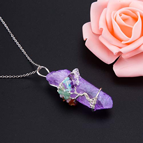 Bivei Tree of Life 7 Chakra Gemstone Copper Wire Wrap Irregular Clear Quartz Point Crystal Pendant Necklace(Silver Plated Chakra-Titanium Coated Purple) - Thumbnail 2