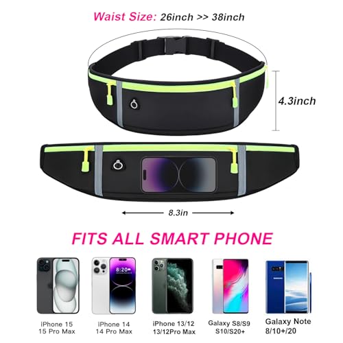 Image of Slim Running Belt for Women Men,Runners Fanny Pack Phone Holder,Money Belt,Running Gear Accessories,with 3 Pockets (Green-black)