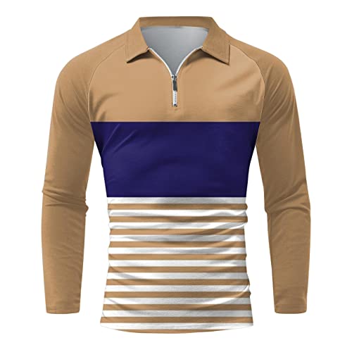 Nzwiluns Men’s Long Sleeve Polo Shirt Stripes Comfortable Fit Jersey Golf T Shirt Zipper Collar Patchwork Shirts Blouse #TOP2