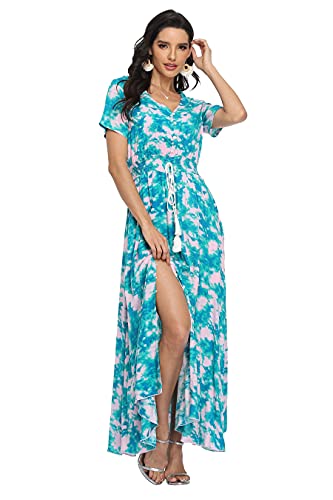 Image of VintageClothing Women's Floral Maxi Dresses Boho Button Up Split Summer Casual Long Dress Beach Party Dress