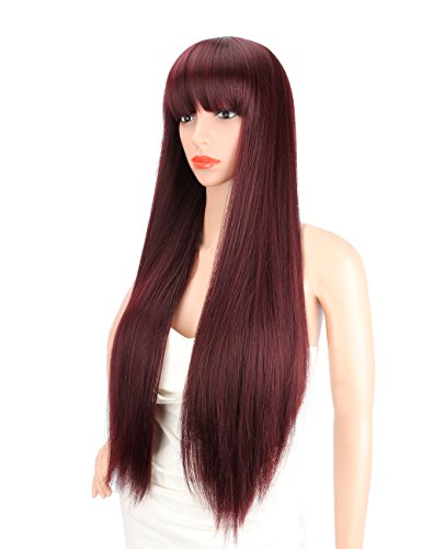 Kalyss 28 inches Womens Silky Long Straight Mixed 99J Burgundy color Heat Resistant Yaki Synthetic Wig with Bangs Darily Party Dress Women Wigs (Burgundy)