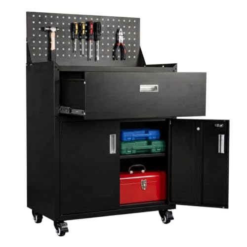 Image of 3FlexHome Metal Tool Cabinet with Wheels & Pegboard, 2-Door Rolling Garage Storage Cupboard with Drawer, Lockable Steel Tool Chest Trolley for Workshop, Home Office & Tool Storage