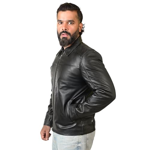 Image of Body Guard Men's Genuine Leather Jacket - Black Motorcycle Riding Jacket with Front Zipper, Shirt Collar & Two Pockets | Stylish Winter Wear for Bikers & Casual Outfits