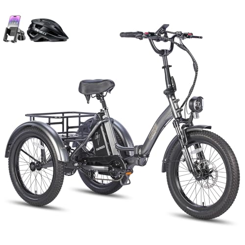 Fafrees Triciclo Eléctrico F20 Mate para Adultos, Plegable 20' x 3', Batería de 48 V/20 Ah, Frenos Hidráulicos, Triciclo de Carga Eléctric 250W, Alcance 115km (Gris, Cesta estándar)