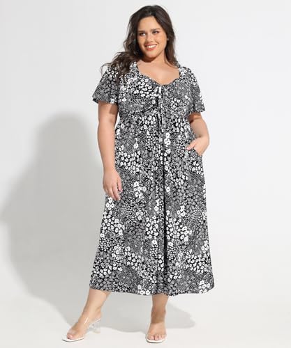 Image of CARCOS Plus Size Dresses for Curvy Women Tie Sweetheart Neck Summer Maxi Dress Short Sleeve Empire Waist Floral Boho Dress