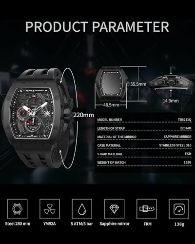 Image of Tsar Bomba Mens Watches Quartz Wristwatch for Men Waterproof 50M Analog Luxury Tonneau Chronograph Calendar Date Men's Dress Business Work Watch Gift for Men