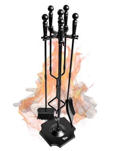 Accesorios de Chimenea 46 VODA Juego de 5 piezas de herramientas para chimenea grande, color negro, para interior y exterior, con soporte, que incluye atizador para chimenea, pinzas para chimenea, pala para...