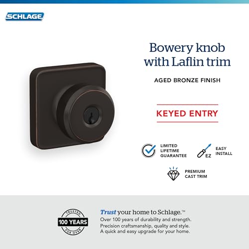 Image of Schlage F51A BWE 716 LFL Bowery Door Knob with Laflin Trim, Keyed Entry Lock, Aged Bronze