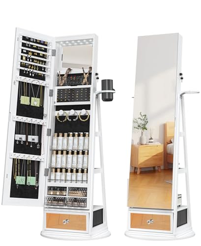 TJYGO Mirror Jewelry Cabinet Standing, Full Length Mirror Jewelry Armoire with LED Lights, Jewelry...