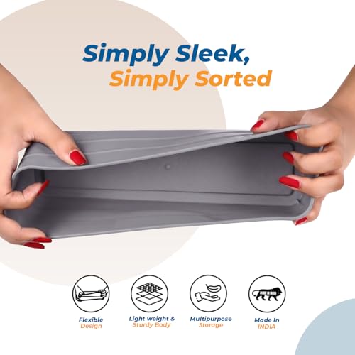 Image of KOLORR Flexi Tray Narrow Flexible Space-Saving Storage, Stackable Storage Organizer, Drawer Organizer Trays for Home, Washroom, Office, and Kitchen Organization Pack of 3 - Grey