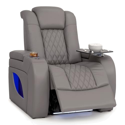 Image of Seatcraft Virtuoso LT Gray Italian Leather Home Theater Seating, Zero Gravity Power Recliner, Powered Headrest and Lumbar Gaming and Home Office Chair, Heat and Massage Lounge Sofa, Single Recliner