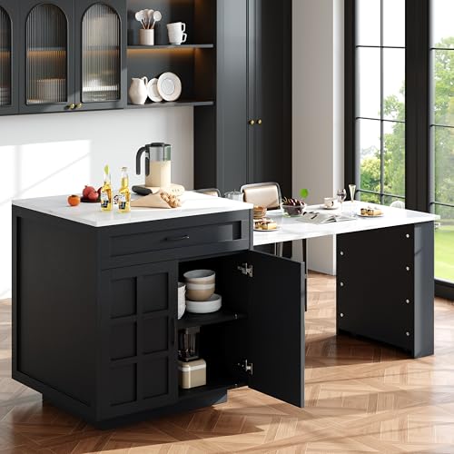 FammyLoft Mesa de bar plegable con dos cajones, mesa de bar cocina con espacio de almacenamiento, moderna mesa de bar móvil, mesa alta, isla de cocina, mostrador de cocina, mesa alta (133-202 x 70 x