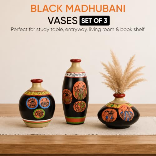 Image of Aakriti Art Creations Vase Earthen Black Madhubani Set of 3 | Hand-Painted Terracotta Flower Vases | Matte Finish Decorative Vases for Living Room, Table Decor & Gifting
