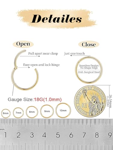 AMASIS Nose Rings Hoops - Men Women 316L Surgical Steel Hinged Nose Rings Hoop for Nostril Septum Cartilage Helix Daith Tragus Rook Conch Lip Ear Lobe Piercings2