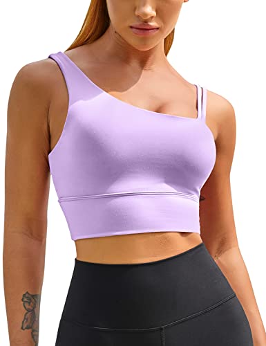 Image of MELYUM Longline Sports Bras for Women One Shoulder Workout Tank Tops with Built in Bra Supportive Crop Yoga Top Padded
