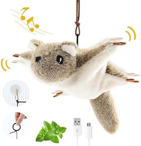 Pawsayes Cat Toys, Interactive Automatic Flapping Mouse Cat Toy for Indoor Cats, Hanging Squeaking Catnip Flying Squirrel Cat Toy Gift, USB Rechargeable Mice Kitten Toys for Exercise