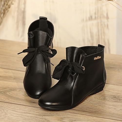 Women's Round Toe Lace-Up Genuine Leather Flat Ankle Boots Comfortable Non-Slip Low Heel Soft Short Boots Casual Work Office Outdoor Walking Booties3