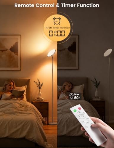Image of UFO LED Torchiere Floor Lamp with RGB Ambient Light, 42W 3700LM Bright Dimmable Sky Lamp,71in Modern Tall Standing Lamp with Remote Touch Control&Timer,for Living Room Bedroom Office Gaming Room,Gray
