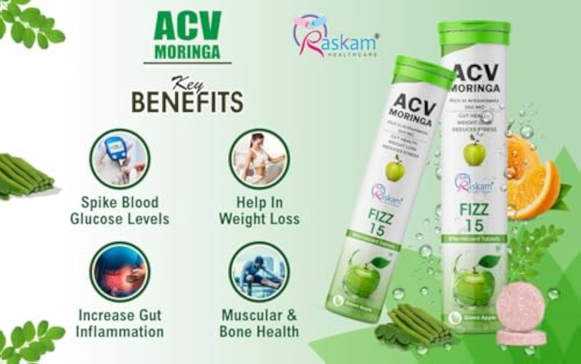 Raskam ACV Moringa Effervescent Tablets, Natural Energy & Immunity Booster