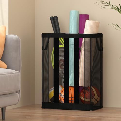 Image of STO STO Ball Storage Basket, Wall-Mounted or Freestanding Garage Ball Organizer Holder, Holds up to 15 Balls, Sports Equipment Organizer with Elastic Front Access for Garage, Gym, Playroom, Black