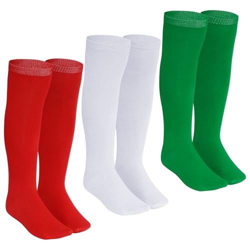Dxhycc 3 Pairs Girls Christmas Knee High Socks Red White Green Socks Elf Socks Long Xmas Socks for Kids Christmas Party