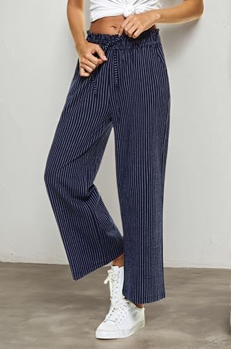 Image of LNX Womens Linen Capri Pants Wide Leg High Waisted Drawstring Casual Cropped Pants with Pockets