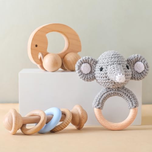 Image of Wooden Baby Rattle 3 PCS Push Car Rattle Set Crochet Rattle Ring Wooden Montessori Toy for Newborn Infant Baby Gifts (Elephant Rattle)