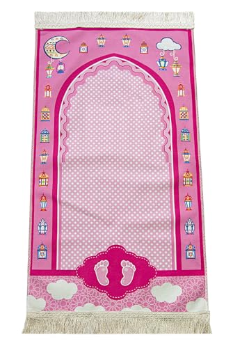 ihvan online Muslim Prayer Rug for Kid Islamic Gifts Praying Mat for Kids Kids Prayer Mat Design Janamaz Sajadah Soft Salah Mats Carpet for Kid Travel Praying Rug Patterned Pink-2