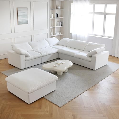 Image of JACH V Shape Cloud Couches for Living Room, Modular Convertible Sectional Sofa Couch, Couch Cushion Covers Removable, Cloud Sofas with Chaise Ottoman for Party Living Room, Bedroom, Apartment (White)