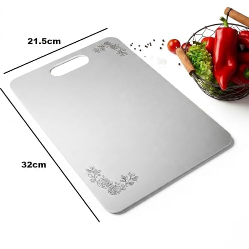 Image of GharNestStainless Steel Cutting Board with Handle, 32 x 21.5 cm, Scratch Resistant, Anti-Slip, Hygienic for Vegetables, Fruits & Meat (Medium)