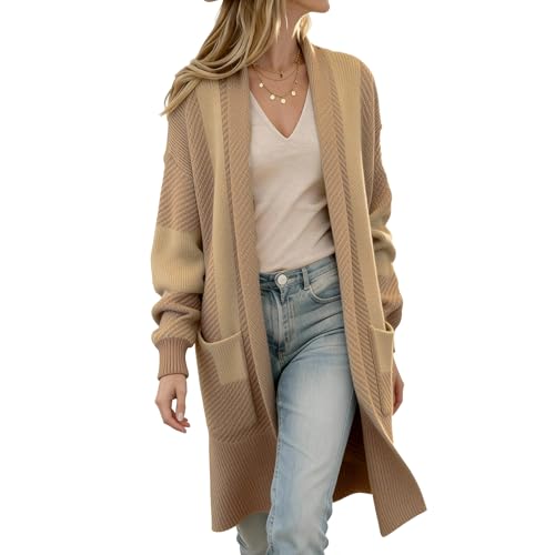 Womens Cardigan Chunky Open Front Sweater Long Knit Sweaters 2026 Spring Color Block Striped Outerwear Coats (Light Coffee M)