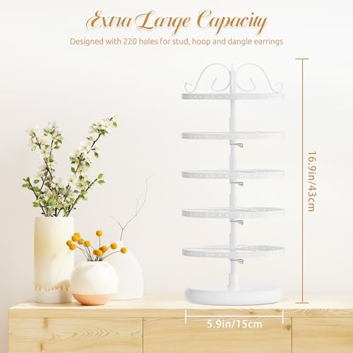 Image of MODOWEY Rotating Earring Holder Organizer Stand, 5 Tier Metal Tree Display for Women Vendors, 220 Holes Adjustable Jewelry rack for Stud Hoop Dangle Storage, Trendy Carousel Keeps Dresser Neat, White