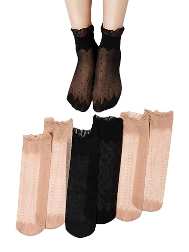 Image of OYOANGLE Women's 8 Pairs Mesh Lace Socks Lightweight Transparent Novelty Crew Socks Black Beige One Size