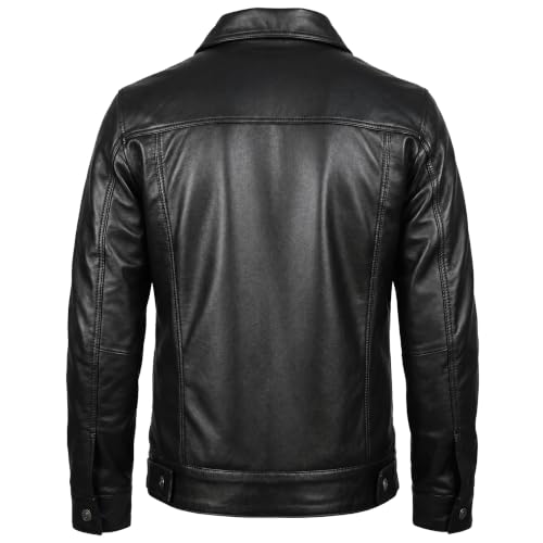 Image of Vintage Style Trucker Leather Jacket Men Real Lambskin Vintage Trucker Shirt Collar Mens Leather Jackets