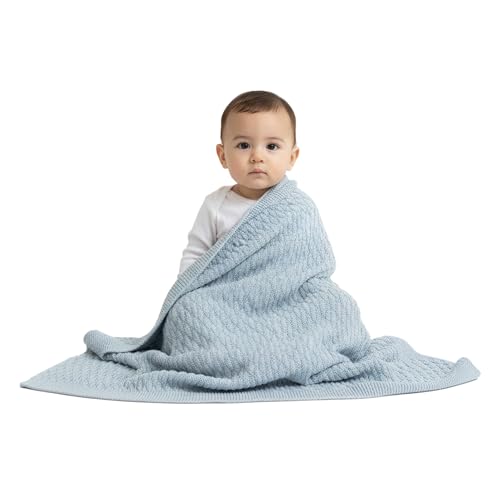 Image of Organic Cotton Baby Blanket 30x40 in, Baby Blue - GOTS Certified, Soft Knit Swaddle with Gift Box, Breathable Nursery Blanket for Crib & Stroller, Machine Washable