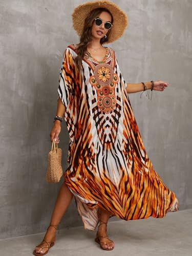 Women's Plus Size Animal Print V-Neck Batwing Kaftan Beach Dress Bathing Suit Cover-Up Loungewear