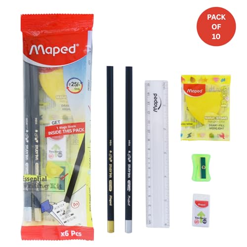 Image of MAPED Essential Writing Kit-Pack Of 10|2 Grey Pencils, 1Magic Stone, 1 Longtip Sharpener, 1 Eraser, 1 Scale| Navratri Return Gift|Writing Kit For Students|Gift Set For Kanya Poojan, Kanjak Puja
