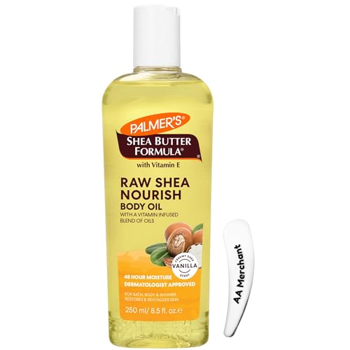 PALMERS Shea Butter Formula Raw Shea Nourish Body Oil with Vitamin E 250ml - Deep Moisturizing & Hydrating Body Oil for Dry Skin Bath Shower & Massage.(With Cosmetic Spatula)