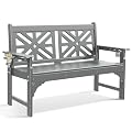 nalone Outdoor Bench with Cup Holders, HDPE Porch Bench Fade Proof (Grey)