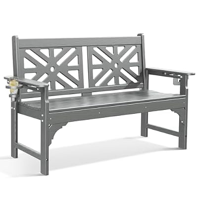 nalone Outdoor Bench with Cup Holders, HDPE Porch Bench Fade Proof (Grey)